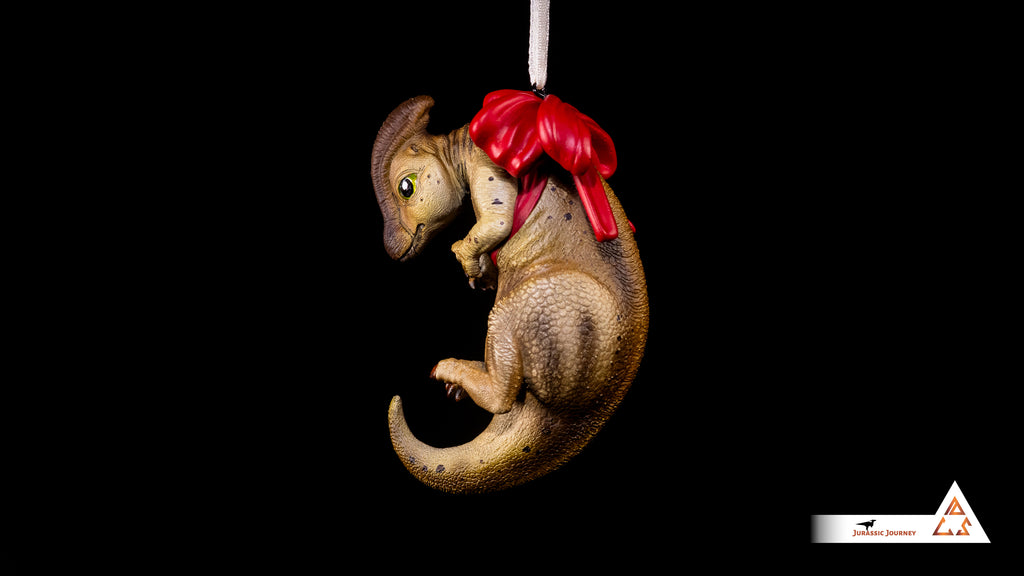Parasaurolophus Baby Ornament | Hand-painted resin collectible with ribbon – Holiday Edition