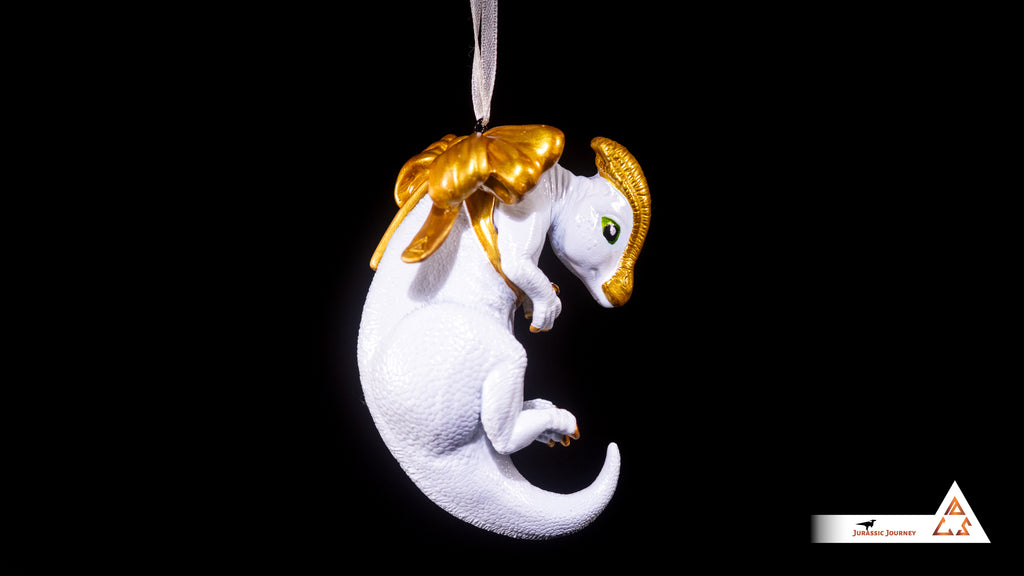 Parasaurolophus Baby Ornament | Hand-painted resin collectible with ribbon – Holiday Edition